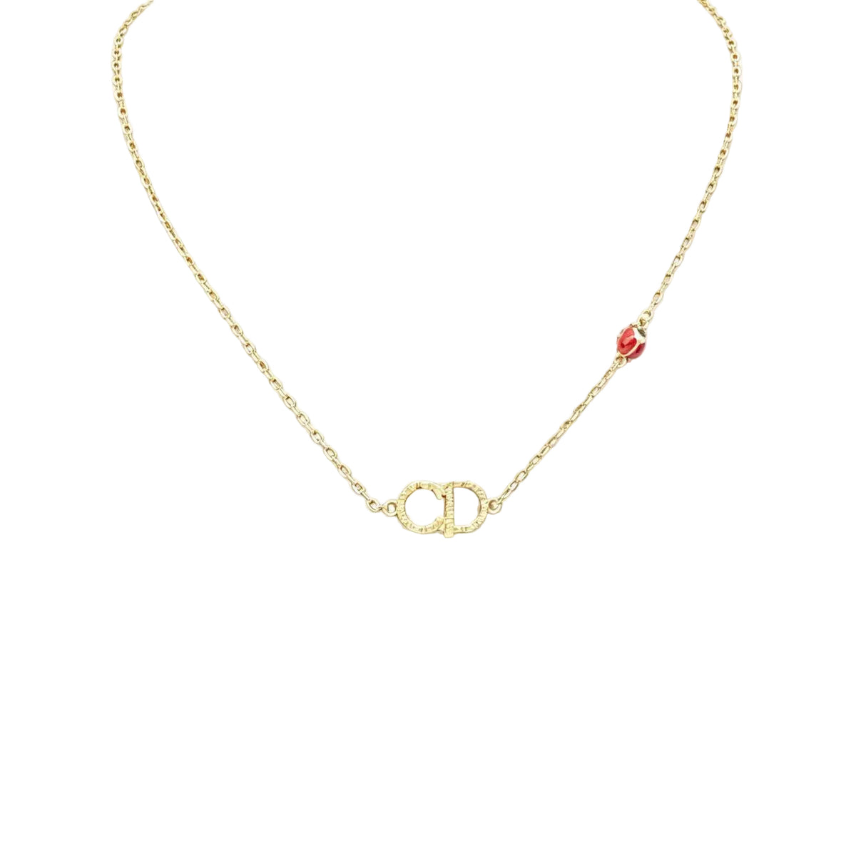 Textured Interlocking CD-Style Monogram Necklace – Red Crystal Accent