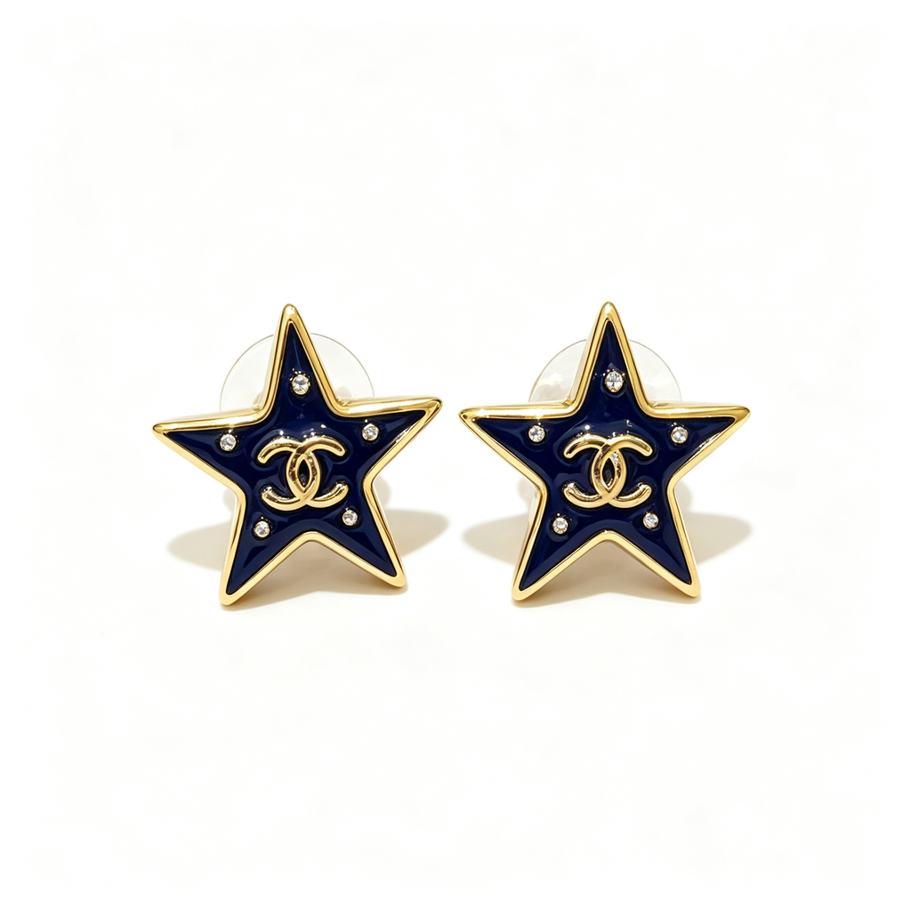 Black Enamel Star Stud Earrings–Interlocking C Detail,
