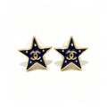 Black Enamel Star Stud Earrings–Interlocking C Detail,
