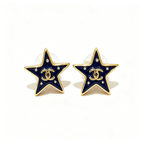 Black Enamel Star Stud Earrings–Interlocking C Detail,