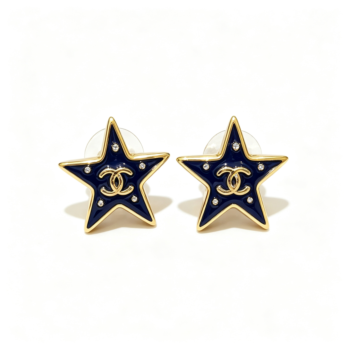 Black Enamel Star Stud Earrings–Interlocking C Detail,