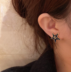 Black Enamel Star Stud Earrings–Interlocking C Detail,