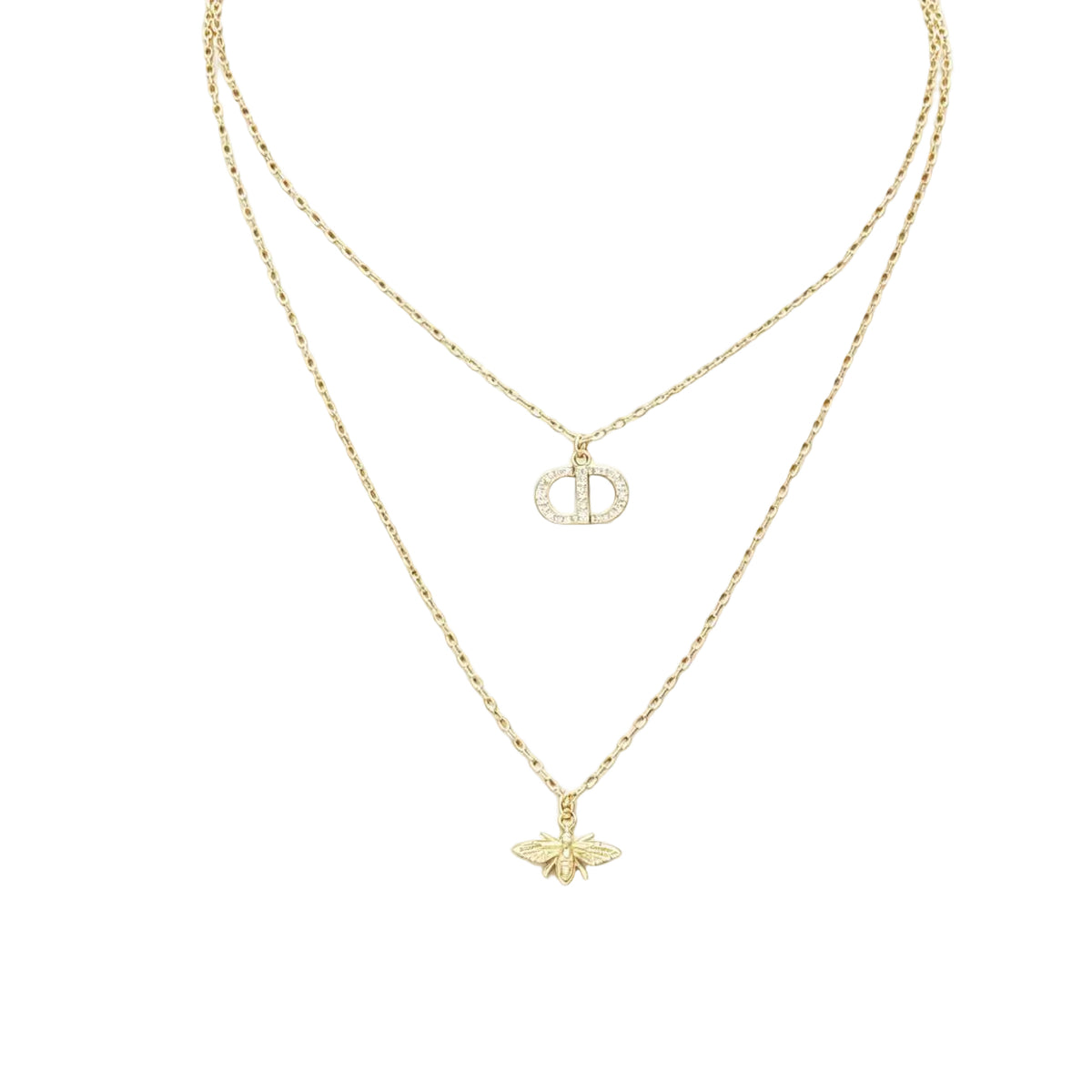 Layered Pendant Necklace – Pavé Monogram and Bee Charm