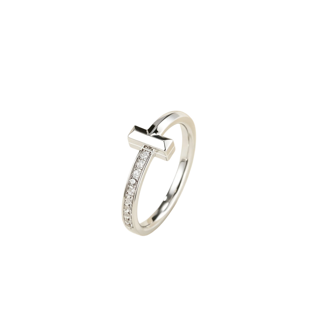 Slim Half Pavé Gemstones T Letter Ring, Unisex Couple Ring for Daily Wear & Gifting