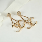 Chain Dangle Double-C Rhinestone Earrings