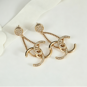 Chain Dangle Double-C Rhinestone Earrings