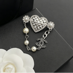 Quilted Heart Brooch – Crystal & Bead Chain Drop