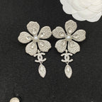 Textured Flower Drop Earrings–Teardrop Crystals, Lustrous Bead Center