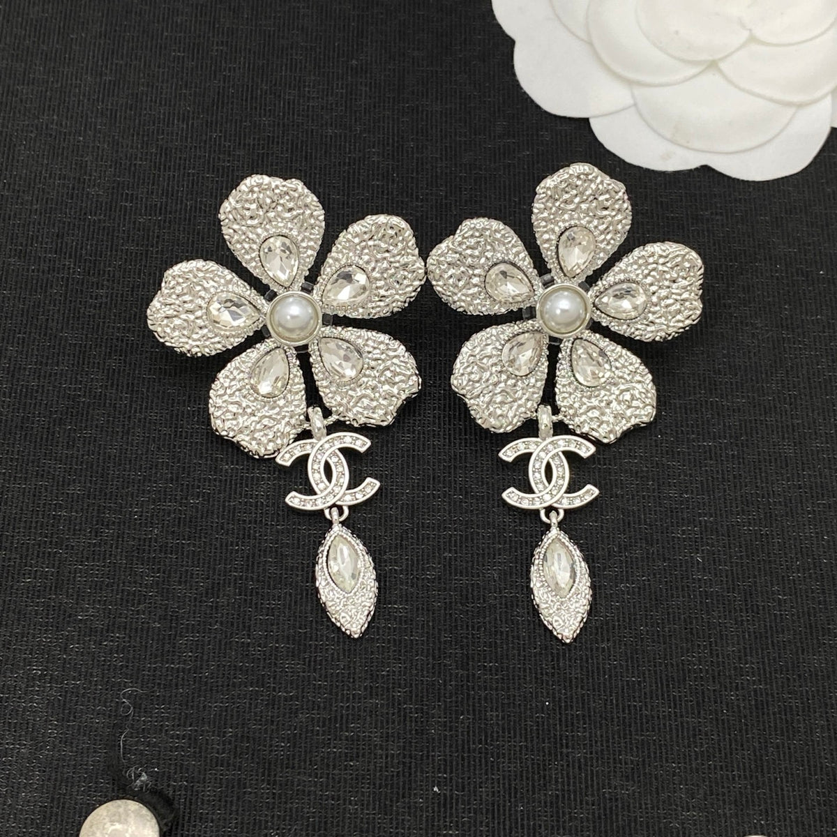 Textured Flower Drop Earrings–Teardrop Crystals, Lustrous Bead Center
