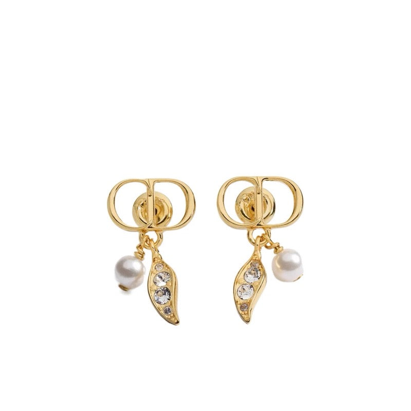 Mini Stud Earrings–Rhinestone Leaf & Pearl Drops