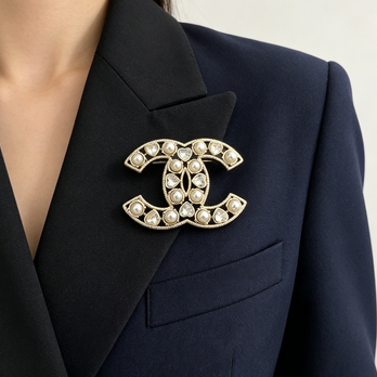 Interlocking C Brooch with Lustrous Beads & Heart Crystals