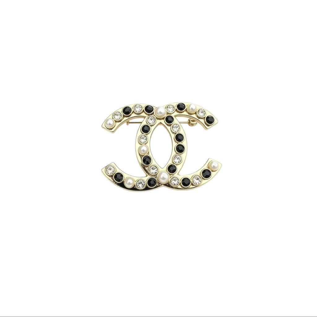 Interlocking C Brooch – Black & Clear Crystals with Lustrous Beads