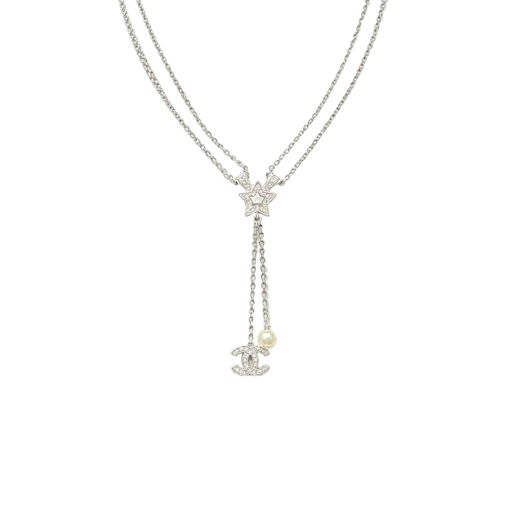 Crystal Pavé Star Lariat Necklace – Interlocking C and Lustrous Bead Drop
