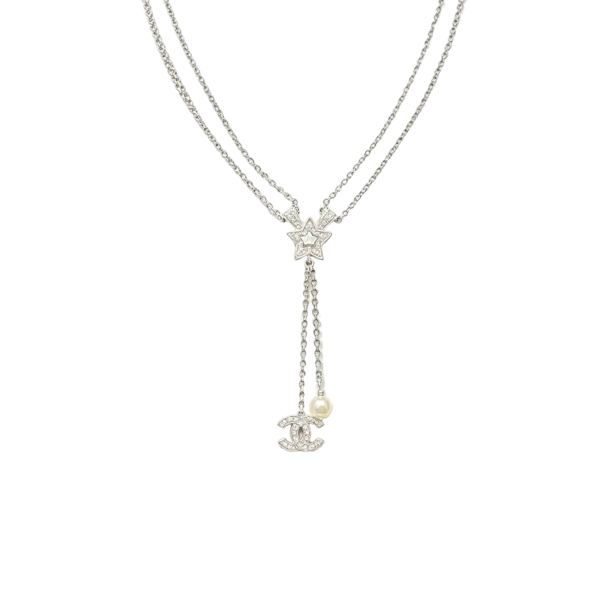 Crystal Pavé Star Lariat Necklace – Interlocking C and Lustrous Bead Drop
