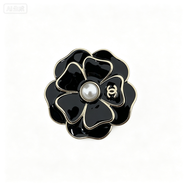 Two-Layer Enamel Camellia Flower Brooch – Lustrous Bead Center