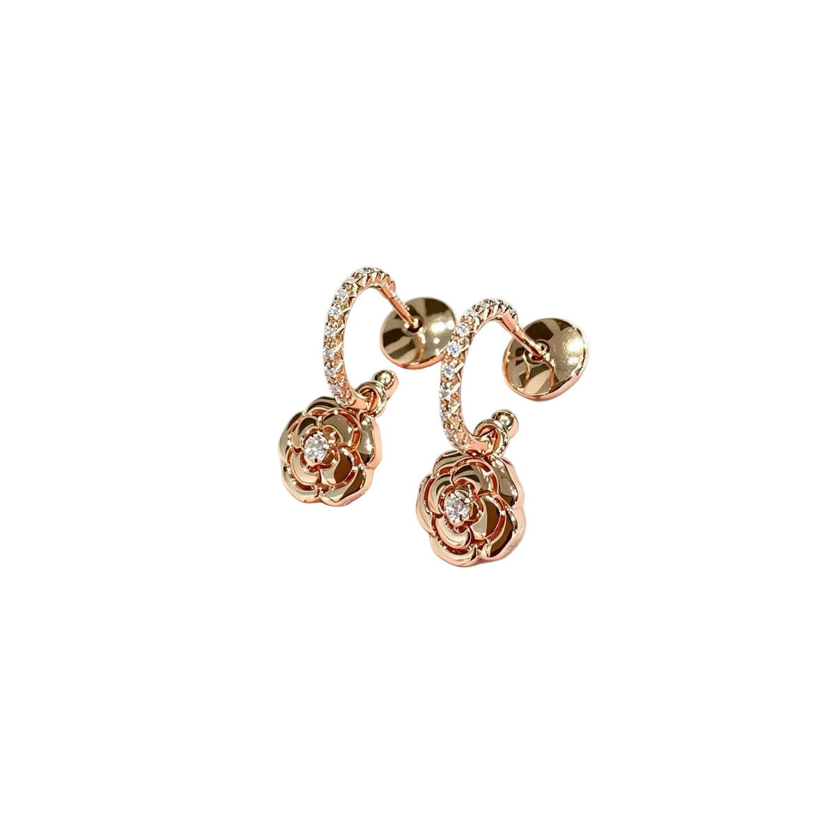 Camellia Flower with Gemstone Stud Earrings–Elegant Floral Design
